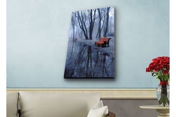 Lerretsbilde med LED-belysning - Tåke over en park med benker og refleksjoner i sølepytter - Mørk blå / Grå / Oransje - Interiør - Maleri & posters - Lerretsbilder