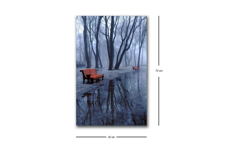 Lerretsbilde med LED-belysning - Tåke over en park med benker og refleksjoner i sølepytter - Mørk blå / Grå / Oransje - Interiør - Maleri & posters - Lerretsbilder