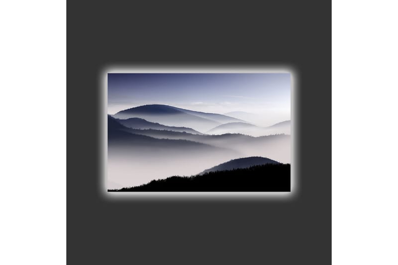 Lerretsbilde med LED-belysning - Tåke over fjellkjeder i gråtoner - Mørkegrå / Lysegrå / Svart - Interiør - Maleri & posters - Lerretsbilder