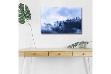 Lerretsbilde med LED-belysning - Tåke som feier over en skog av høye trær - Mørk blå / Lys blå / Grå - Interiør - Maleri & posters - Lerretsbilder
