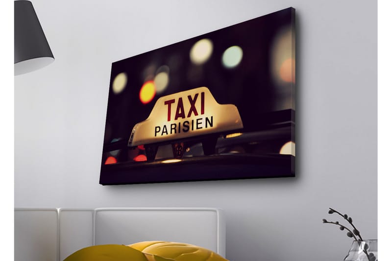 Lerretsbilde med LED-belysning - Taxiskilt med teksten TAXI PARISIEN i et nattlig bymiljø, Gul / Svart / Rød