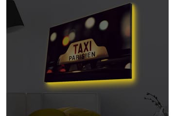 Lerretsbilde med LED-belysning - Taxiskilt med teksten TAXI PARISIEN i et nattlig bymiljø - Gul / Svart / Rød - Interiør - Maleri & posters - Lerretsbilder