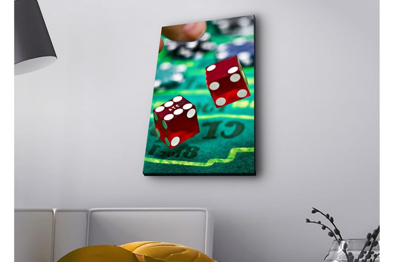 Lerretsbilde med LED-belysning - Terninger kastes på en grønn spillebane - Rød / Grønn / Svart - Interiør - Maleri & posters - Lerretsbilder