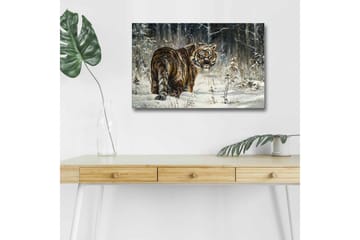 Lerretsbilde med LED-belysning - Tiger i snødekt skogsmiljø - Oransje / Hvit / Grå - Interiør - Maleri & posters - Lerretsbilder