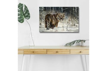 Lerretsbilde med LED-belysning - Tiger i snødekt skogsmiljø - Oransje / Hvit / Grå - Interiør - Maleri & posters - Lerretsbilder