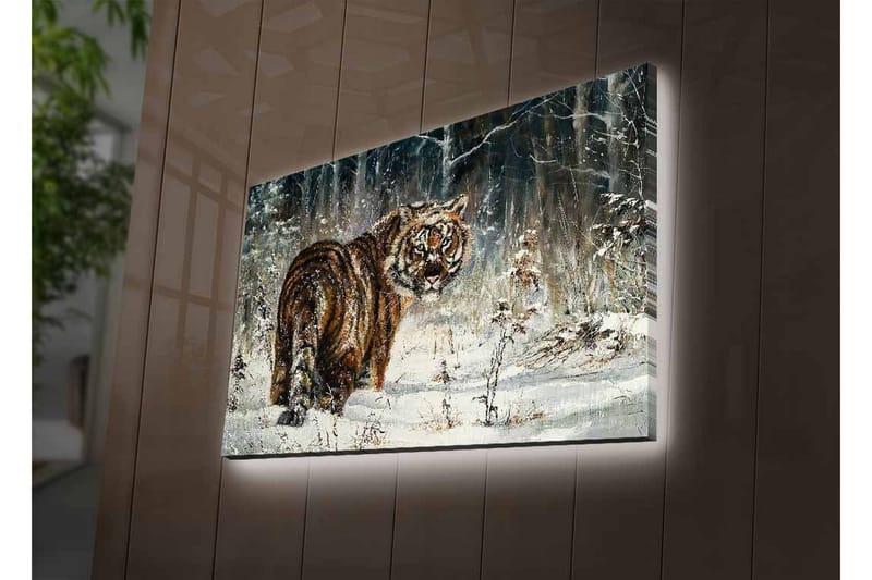 Lerretsbilde med LED-belysning - Tiger i snødekt skogsmiljø - Oransje / Hvit / Grå - Interiør - Maleri & posters - Lerretsbilder