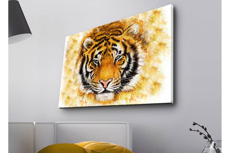 Lerretsbilde med LED-belysning - Tigerhode med intenst uttrykk, Oransje / Svart / Hvit