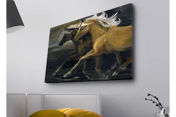 Lerretsbilde med LED-belysning - To hester i bevegelse med kraftige muskuløse former - Gull / Svart - Interiør - Maleri & posters - Lerretsbilder