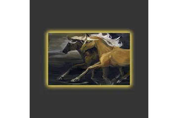 Lerretsbilde med LED-belysning - To hester i bevegelse med kraftige muskuløse former - Gull / Svart - Interiør - Maleri & posters - Lerretsbilder