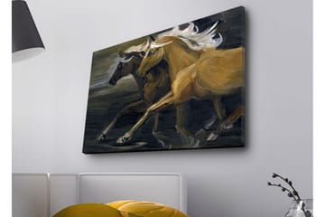 Lerretsbilde med LED-belysning - To hester i bevegelse med kraftige muskuløse former - Gull / Svart - Interiør - Maleri & posters - Lerretsbilder