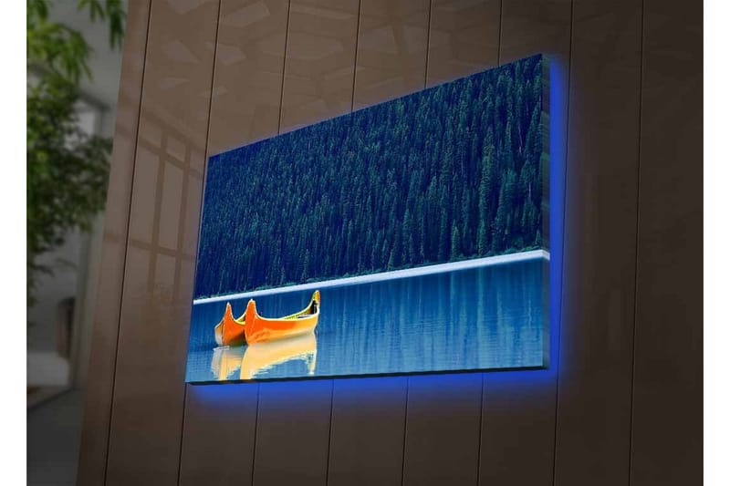 Lerretsbilde med LED-belysning - To kanoer i en speilblank innsjø omgitt av tett skog - Blå / Oransje - Interiør - Maleri & posters - Lerretsbilder