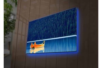 Lerretsbilde med LED-belysning - To kanoer i en speilblank innsjø omgitt av tett skog - Blå / Oransje - Interiør - Maleri & posters - Lerretsbilder