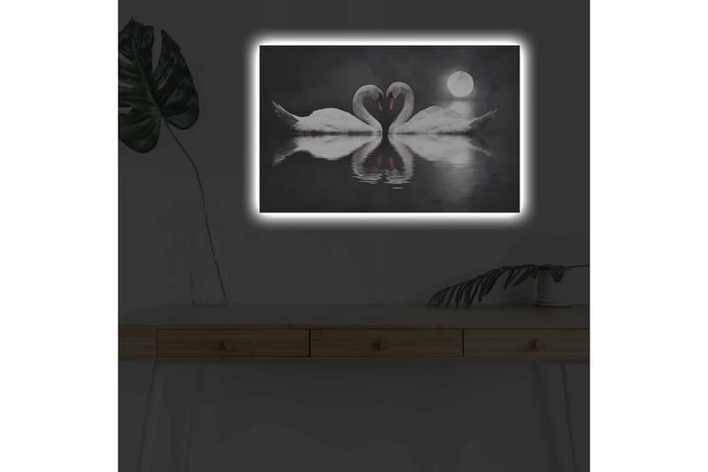 Lerretsbilde med LED-belysning - To svaner som danner et hjerte i en speillignende innsjø under en måne - Hvit / Svart / Grå - Interiør - Maleri & posters - Lerretsbilder