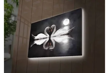 Lerretsbilde med LED-belysning - To svaner som danner et hjerte i en speillignende innsjø under en måne - Hvit / Svart / Grå - Interiør - Maleri & posters - Lerretsbilder