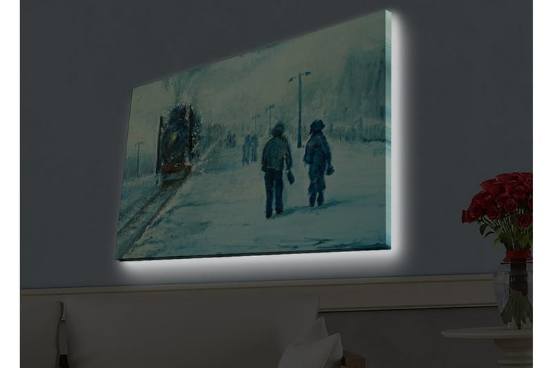 Lerretsbilde med LED-belysning - To personer som går i snøen under en tåkete himmel - Blå / Hvit / Grå - Interiør - Maleri & posters - Lerretsbilder