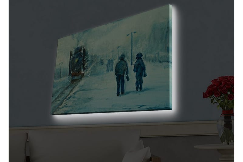 Lerretsbilde med LED-belysning - To personer som går i snøen under en tåkete himmel - Blå / Hvit / Grå - Interiør - Maleri & posters - Lerretsbilder