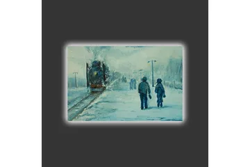 Lerretsbilde med LED-belysning - To personer som går i snøen under en tåkete himmel - Blå / Hvit / Grå - Interiør - Maleri & posters - Lerretsbilder