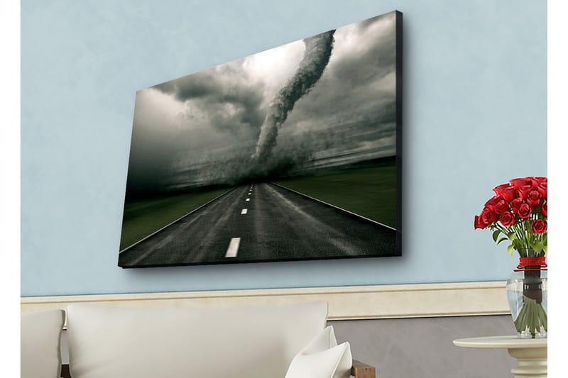 Lerretsbilde med LED-belysning - Tornado som feier over en øde vei - Grå / Svart / Grønn - Interiør - Maleri & posters - Lerretsbilder