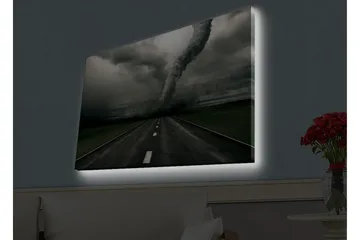 Lerretsbilde med LED-belysning - Tornado som feier over en øde vei - Grå / Svart / Grønn - Interiør - Maleri & posters - Lerretsbilder