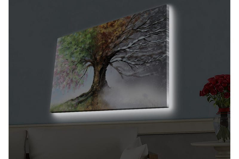 Lerretsbilde med LED-belysning - Trær med skiftende årstider i en harmonisk komposisjon - Grønn / Brun / Grå - Interiør - Maleri & posters - Lerretsbilder