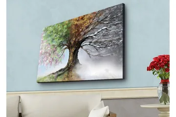 Lerretsbilde med LED-belysning - Trær med skiftende årstider i en harmonisk komposisjon - Grønn / Brun / Grå - Interiør - Maleri & posters - Lerretsbilder