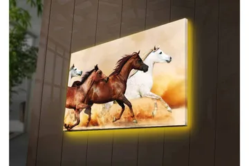 Lerretsbilde med LED-belysning - Tre hester i bevegelse over en sandoverflate - Brun / Hvit / Beige - Interiør - Maleri & posters - Lerretsbilder