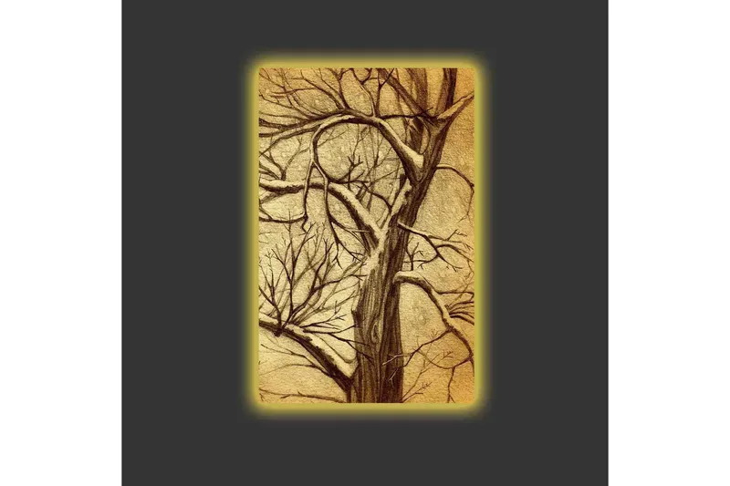 Lerretsbilde med LED-belysning - Tre med grener i en stilisert, gyllen komposisjon - Gull / Brun - Interiør - Maleri & posters - Lerretsbilder