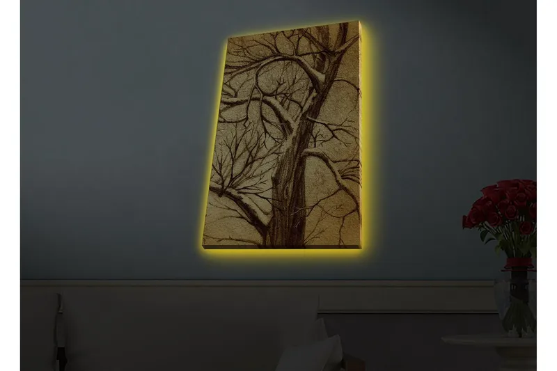 Lerretsbilde med LED-belysning - Tre med grener i en stilisert, gyllen komposisjon - Gull / Brun - Interiør - Maleri & posters - Lerretsbilder