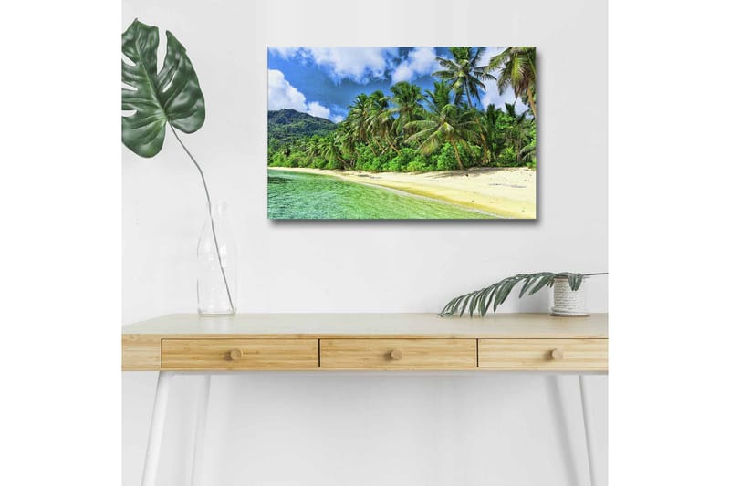 Lerretsbilde med LED-belysning - Tropisk strand med palmer og klart vann, Grønn / Blå / Sandfarget