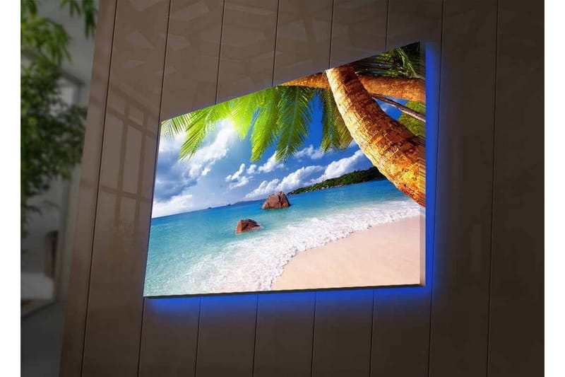 Lerretsbilde med LED-belysning - Tropisk strand med palmer og klart blått hav - Blå / Grønn / Beige - Interiør - Maleri & posters - Lerretsbilder