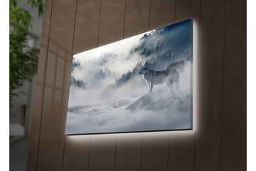 Lerretsbilde med LED-belysning - Ulv i tåkete skogsmiljø - Grå / Blå / Hvit - Interiør - Maleri & posters - Lerretsbilder