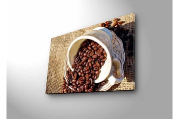 Lerretsbilde med LED-belysning - Utkast til en kopp med kaffebønner spredt over et jutestoff - Mørk brun / Beige - Interiør - Maleri & posters - Lerretsbilder