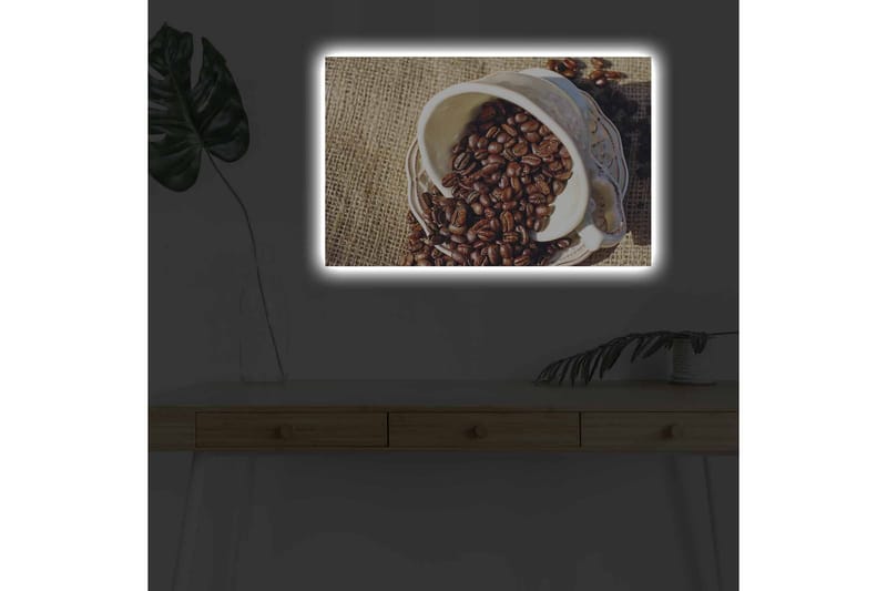 Lerretsbilde med LED-belysning - Utkast til en kopp med kaffebønner spredt over et jutestoff - Mørk brun / Beige - Interiør - Maleri & posters - Lerretsbilder