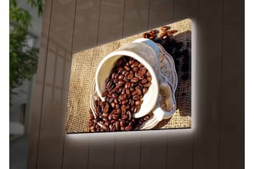 Lerretsbilde med LED-belysning - Utkast til en kopp med kaffebønner spredt over et jutestoff - Mørk brun / Beige - Interiør - Maleri & posters - Lerretsbilder