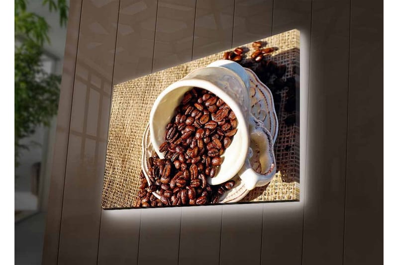 Lerretsbilde med LED-belysning - Utkast til en kopp med kaffebønner spredt over et jutestoff - Mørk brun / Beige - Interiør - Maleri & posters - Lerretsbilder