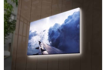 Lerretsbilde med LED-belysning - Utsikt fra en flyvinge mot dramatiske skyformasjoner - Mørk blå / Lys grå / Hvit - Interiør - Maleri & posters - Lerretsbilder