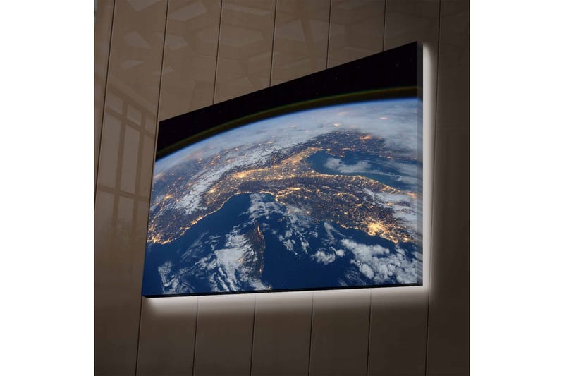 Lerretsbilde med LED-belysning - Utsikt over jorden med byer opplyst om natten, Mørk blå / Hvit / Gul