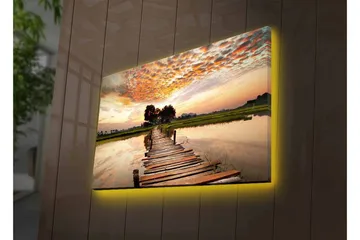 Lerretsbilde med LED-belysning - Vakker brygge som strekker seg ut over rolig vann ved solnedgang - Oransje / Blå / Grønn - Interiør - Maleri & posters - Lerretsbilder