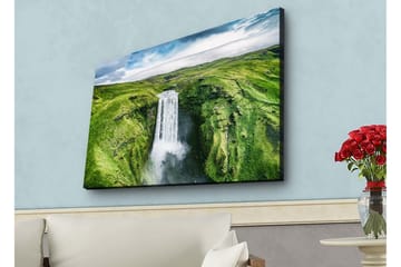 Lerretsbilde med LED-belysning - Vakker foss i en frodig dal - Grønn / Hvit / Blå - Interiør - Maleri & posters - Lerretsbilder