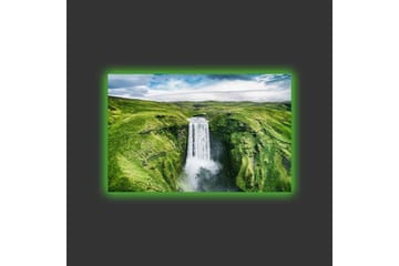 Lerretsbilde med LED-belysning - Vakker foss i en frodig dal - Grønn / Hvit / Blå - Interiør - Maleri & posters - Lerretsbilder
