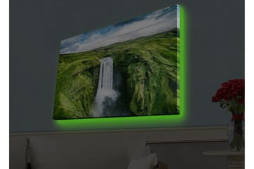 Lerretsbilde med LED-belysning - Vakker foss i en frodig dal - Grønn / Hvit / Blå - Interiør - Maleri & posters - Lerretsbilder
