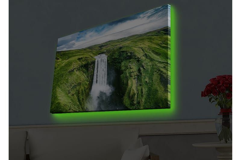 Lerretsbilde med LED-belysning - Vakker foss i en frodig dal - Grønn / Hvit / Blå - Interiør - Maleri & posters - Lerretsbilder
