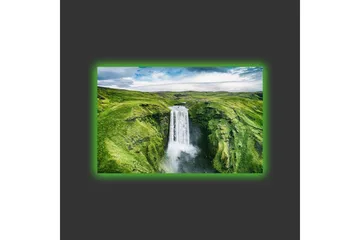 Lerretsbilde med LED-belysning - Vakker foss i en frodig dal - Grønn / Hvit / Blå - Interiør - Maleri & posters - Lerretsbilder
