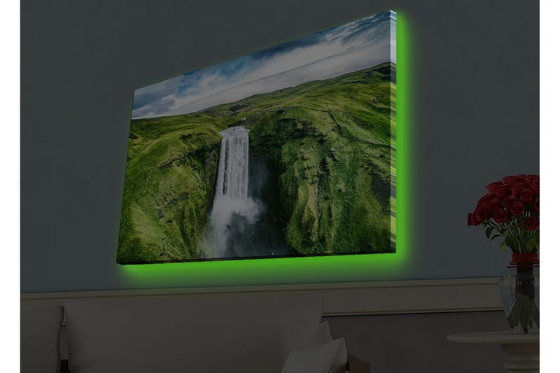 Lerretsbilde med LED-belysning - Vakker foss i en frodig dal - Grønn / Hvit / Blå - Interiør - Maleri & posters - Lerretsbilder