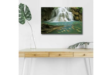 Lerretsbilde med LED-belysning - Vakker foss med svømmende karper i klart vann - Turkis / Grønn / Oransje - Interiør - Maleri & posters - Lerretsbilder