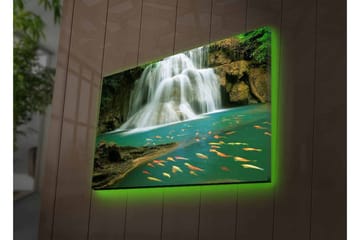 Lerretsbilde med LED-belysning - Vakker foss med svømmende karper i klart vann - Turkis / Grønn / Oransje - Interiør - Maleri & posters - Lerretsbilder