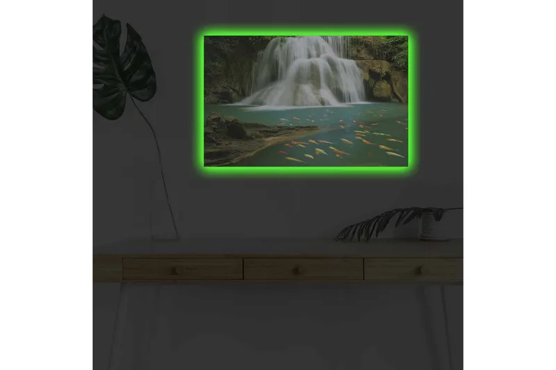 Lerretsbilde med LED-belysning - Vakker foss med svømmende karper i klart vann - Turkis / Grønn / Oransje - Interiør - Maleri & posters - Lerretsbilder