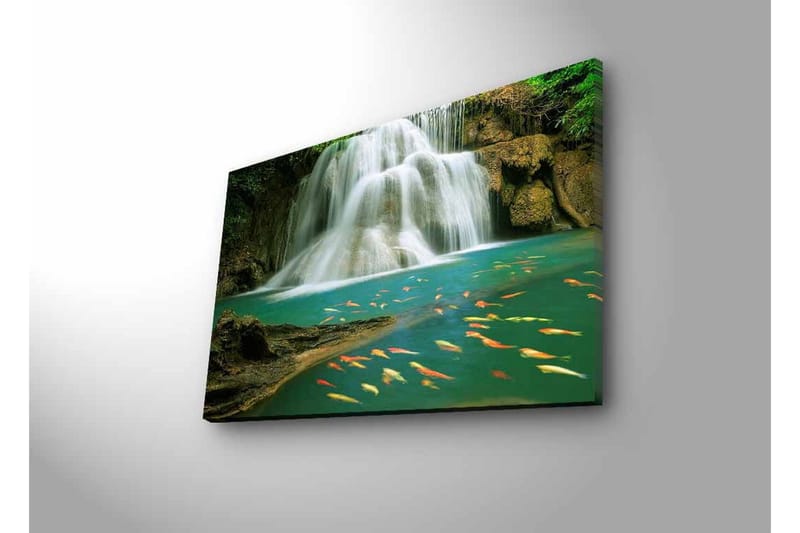 Lerretsbilde med LED-belysning - Vakker foss med svømmende karper i klart vann - Turkis / Grønn / Oransje - Interiør - Maleri & posters - Lerretsbilder