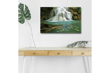 Lerretsbilde med LED-belysning - Vakker foss med svømmende karper i klart vann - Turkis / Grønn / Oransje - Interiør - Maleri & posters - Lerretsbilder