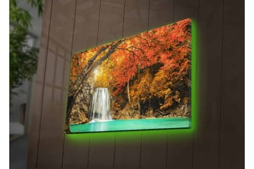 Lerretsbilde med LED-belysning - Vakker foss omgitt av høstfargede trær - Oransje / Grønn / Brun - Interiør - Maleri & posters - Lerretsbilder